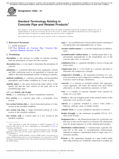ASTM C822-2021Standard Terminology Relating to Concrete Pipe and Related Products