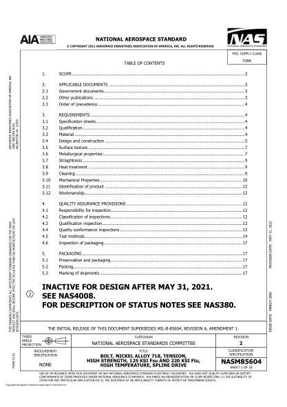 AIA/NAS NASM85604-2021Bolt, Nickel Alloy 718, Tension, High Strength, 125 Ksi Fsu And 220 Ksi Ftu, High Temperature, Spline Drive (Rev 2)