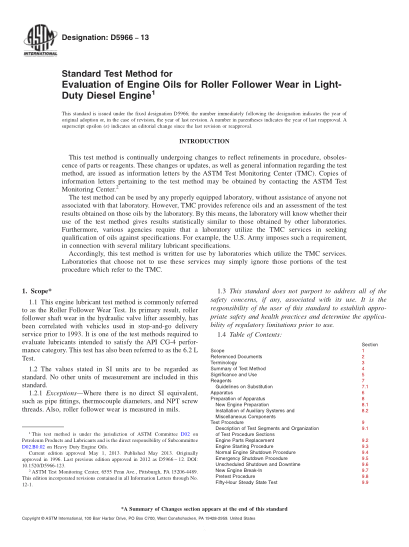 ASTM D5966-2013評定輕型柴油機(jī)中滾子從動(dòng)件磨損用發(fā)動(dòng)機(jī)油的試驗(yàn)方法Standard Test Method for Evaluation of Engine Oils for Roller Follower Wear in Light-Duty Diesel Engine