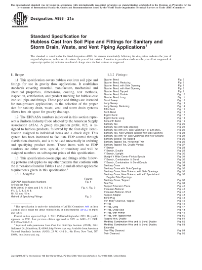 ASTM A888-2021aStandard Specification for Hubless Cast Iron Soil Pipe and Fittings for Sanitary and Storm Drain, Waste, and Vent Piping Applications