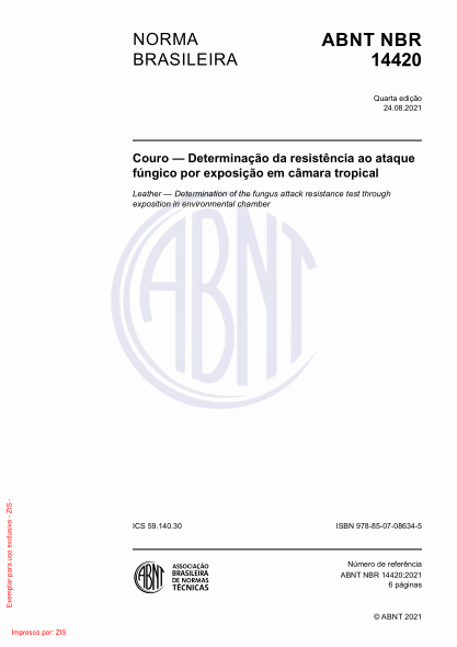 ABNT NBR 14420-2021Leather - Determination of the fungus attack resistance test through exposition in environmental chamber