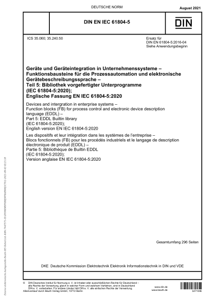 DIN EN IEC 61804-5-2021Devices and intergration in enterprise systems - Function blocks (FB) for process control and electronic device description language (EDDL) - Part 5: EDDL Builtin library (IEC 61804-5:2020); English version EN IEC 61804-5:2020