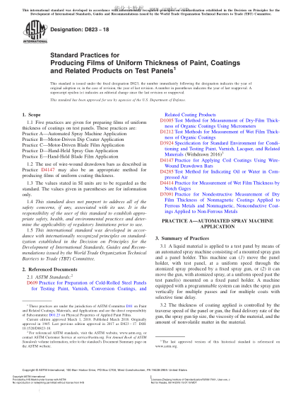 ASTM D823-2018 在試驗(yàn)板上涂上厚度均勻的色漆、清漆及有關(guān)產(chǎn)品漆膜的規(guī)程 Standard Practices for Producing Films of Uniform Thickness of Paint,Coatings and Related Products on Test Panels