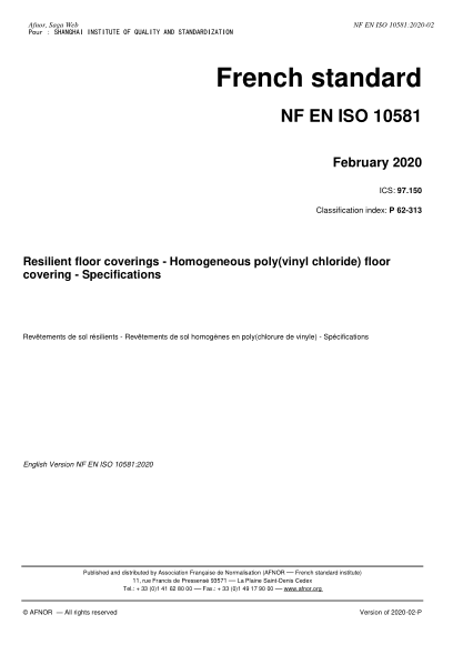 NF P62-313-2020  Resilient floor coverings - Homogeneous poly(vinyl chloride) floor covering - Specifications