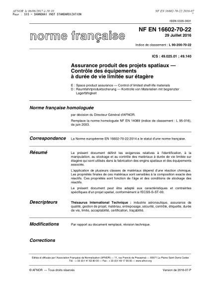 NF EN 16602-70-22-2016   Space product assurance - Control of limited shelf-life materials
