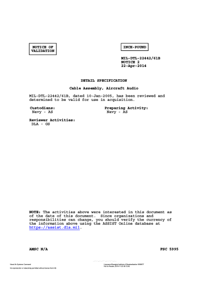 NAVY MIL-DTL-22442/61B VALID NOTICE 2-2014  Cable Assembly,Aircraft Audio