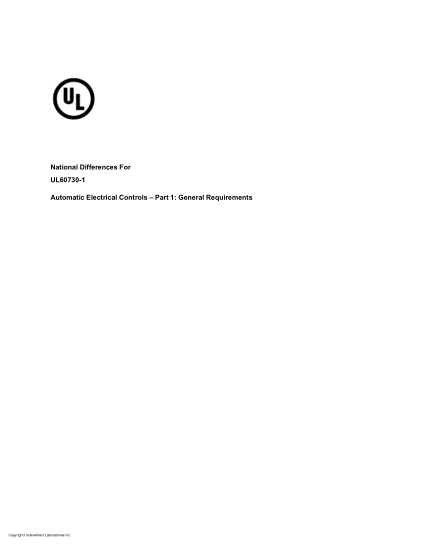UL 60730-1 (ND)-2016   National Differences For Ul 60730-1 Automatic Electrical Controls – Part 1: General Requirements - Fifth Edition; Reprint With Revisions Through And Including October 18, 2021