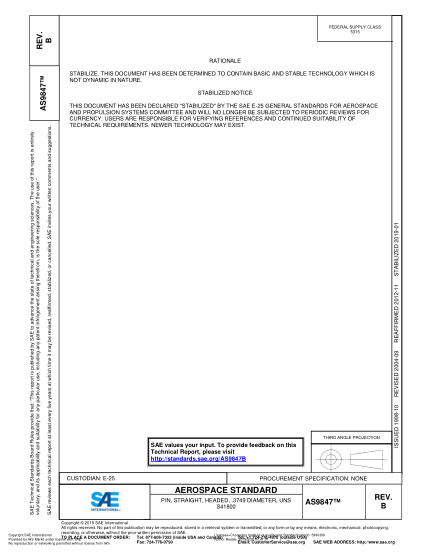 SAE AS9847B-2019  Pin, Straight, Headed, .3749 Diameter, Uns S41800