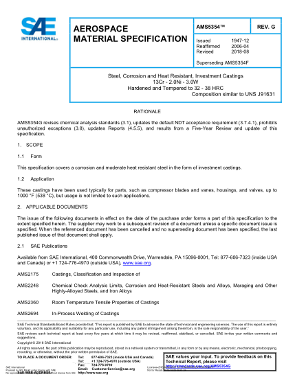 SAE AMS5354G-2018  Steel, Corrosion And Heat Resistant, Investment Castings 13Cr - 2.0Ni - 3.0W Hardened And Tempered To 32 - 38 Hrc (Uns J91631)