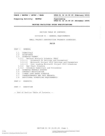 NAVY UFGS-01 32 16.00 20-2015  Small project construction progress schedules