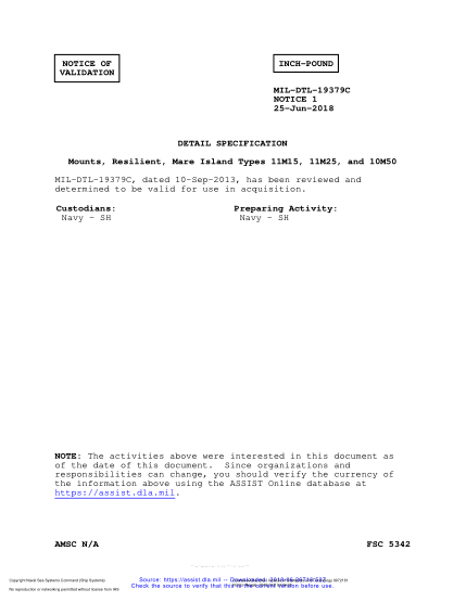 NAVY MIL-DTL-19379C VALID NOTICE 1-2018  Mounts, Resilient, Mare Island Types 11M15, 11M25, And 10M50