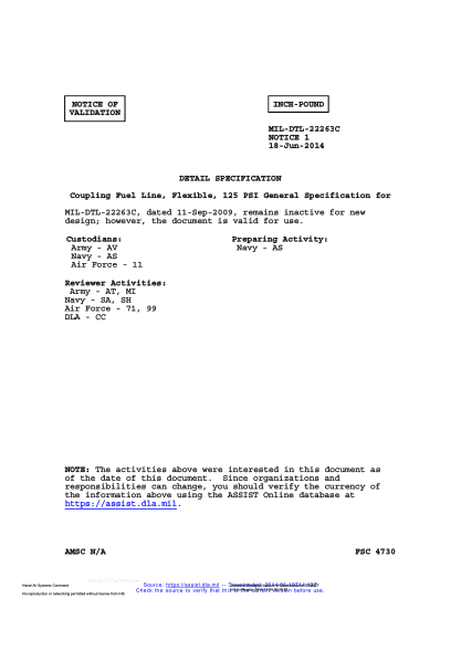 NAVY MIL-DTL-22263C VALID NOTICE 1-2014  Coupling Fuel Line,Flexible,125 Psi General Specification For