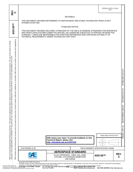 SAE AS3129C-2019  Plug, Expansion - Cres, 303, Long, Std And .010 Oversize Diameters, (Uns S30300)