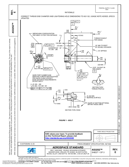 SAE AS3252E-2020  Bolt, Machine - Double Hexagon Extended Washer Head, Drilled, Pd Shank, Silver Plated, Nickel Alloy, Uns N07718, 185 Ksi Min, .3125-24 Unjf-3A