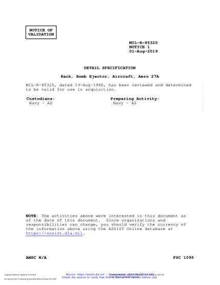 NAVY MIL-R-85325 VALID NOTICE 1-2019  Rack, Bomb Ejector, Aircraft, Aero 27A