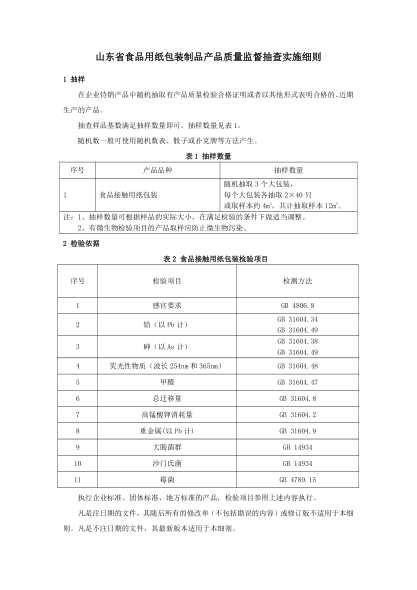 山東省食品用紙包裝制品產(chǎn)品質量監(jiān)督抽查實施細則（2022年版）